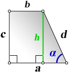боковая сторона (d) прямоугольной трапеции через другие стороны и угол при нижнем основании